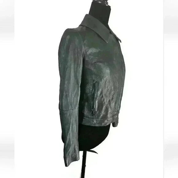 Tory Burch Women's Dark Green Sheepskin Leather Moto Jacket 0(XS-S) - Picture 11 of 16